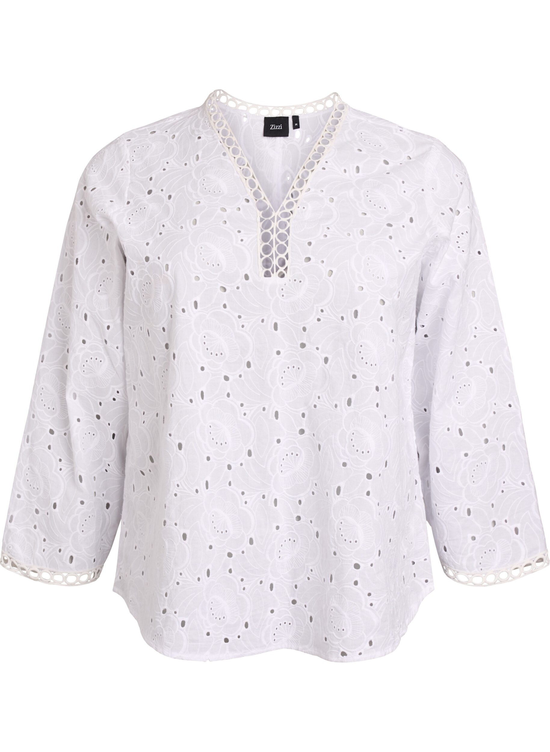 Zizzi L&aring;ng&auml;rmad blus i bomull med broderie anglaise, Vit, Packshot image number 0