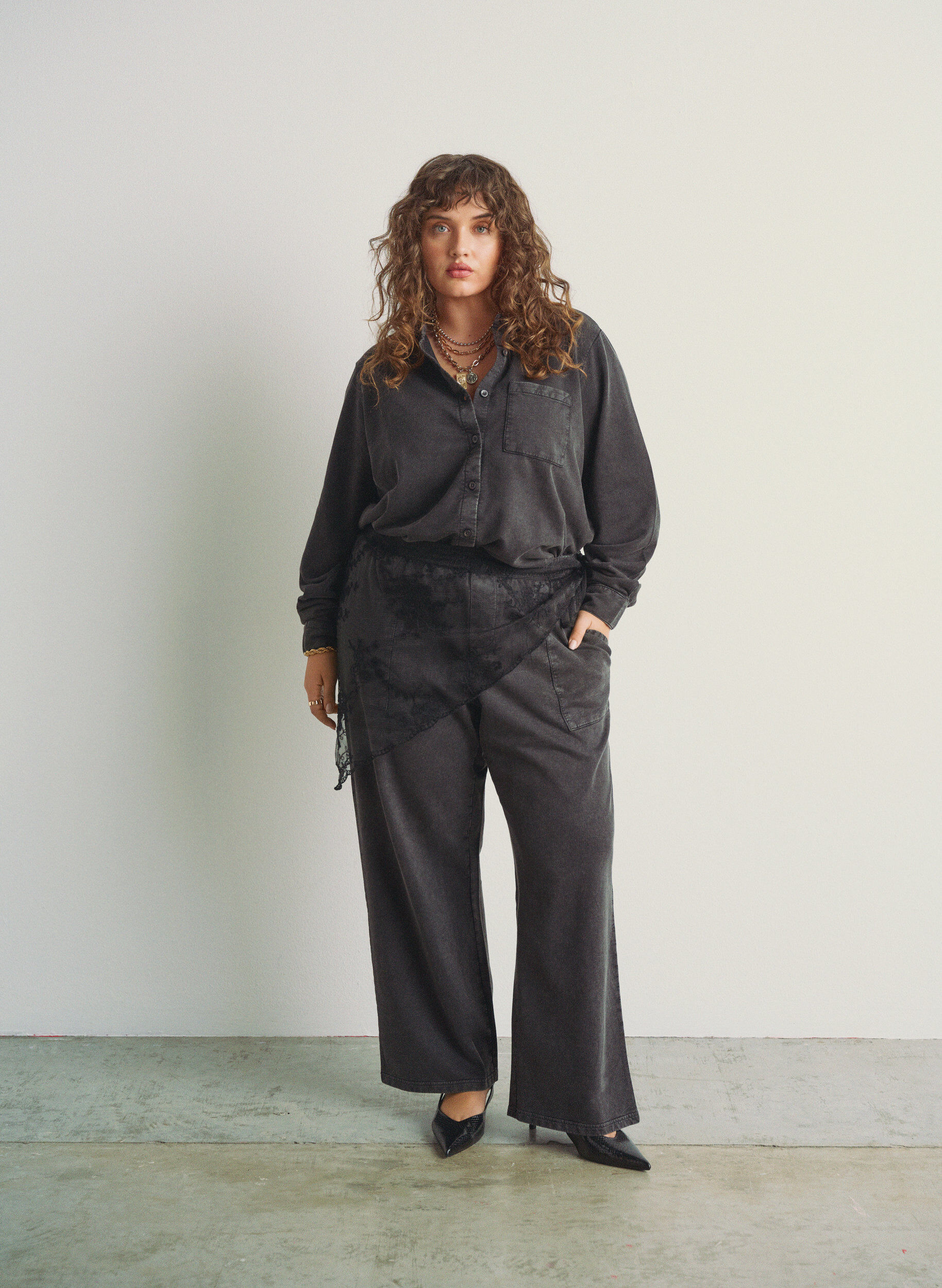 Zizzi Tr&ouml;ja i sweatshirttyg med tv&auml;ttad effekt, Gr&aring;, Image image number 0