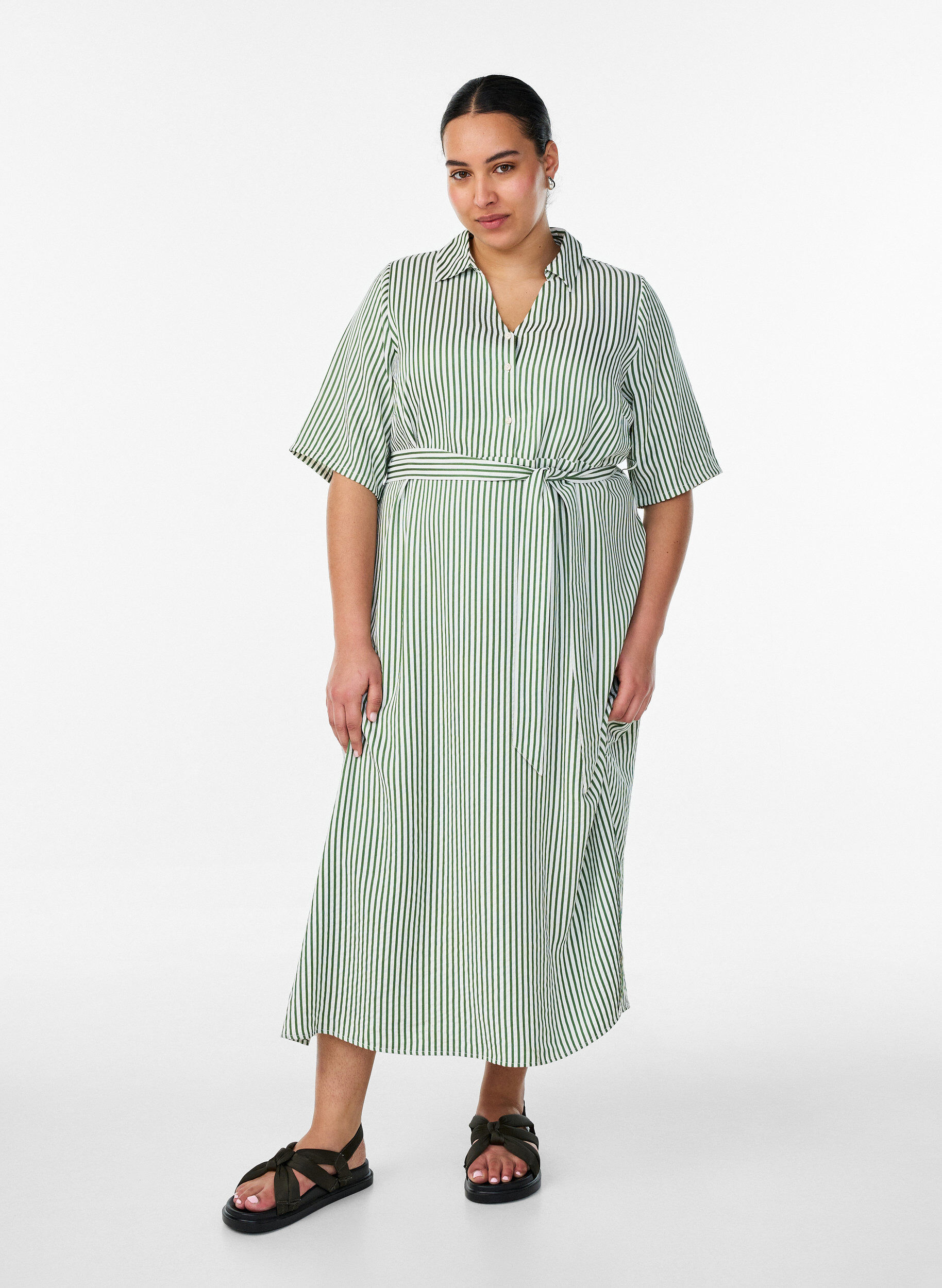 ZizziAnkell&aring;ng skjortkl&auml;nning med knytsk&auml;rp och r&auml;nder, Gr&ouml;n, Model image number 0