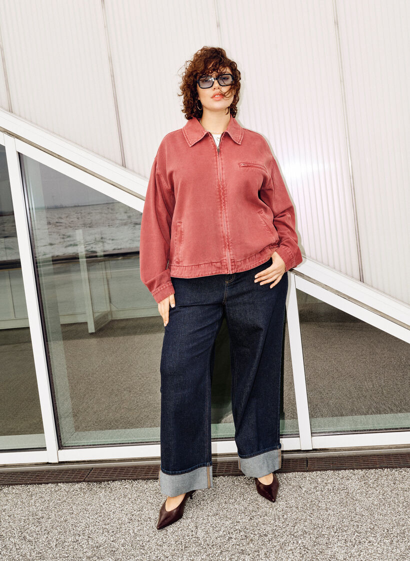 Jeans i rak modell med vida ben och uppvik, Blå, Image