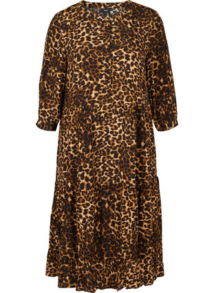 Midiklänning i viskos med 3/4 ärmar och leopardmönster, Raw Umber AOP, Packshot image number 0