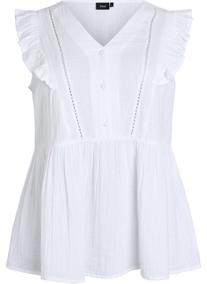 &Auml;rml&ouml;s blus i bomullsmuslin med volanger, Vit, Packshot image number 0
