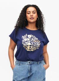 T-shirt i ekologisk bomull med guldtryck, Med.Blue Gold Flower, Model
