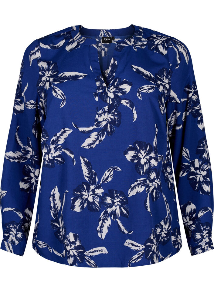 FLASH - Långärmad blus med tryck, Navy Blazer Flower, Packshot image number 0