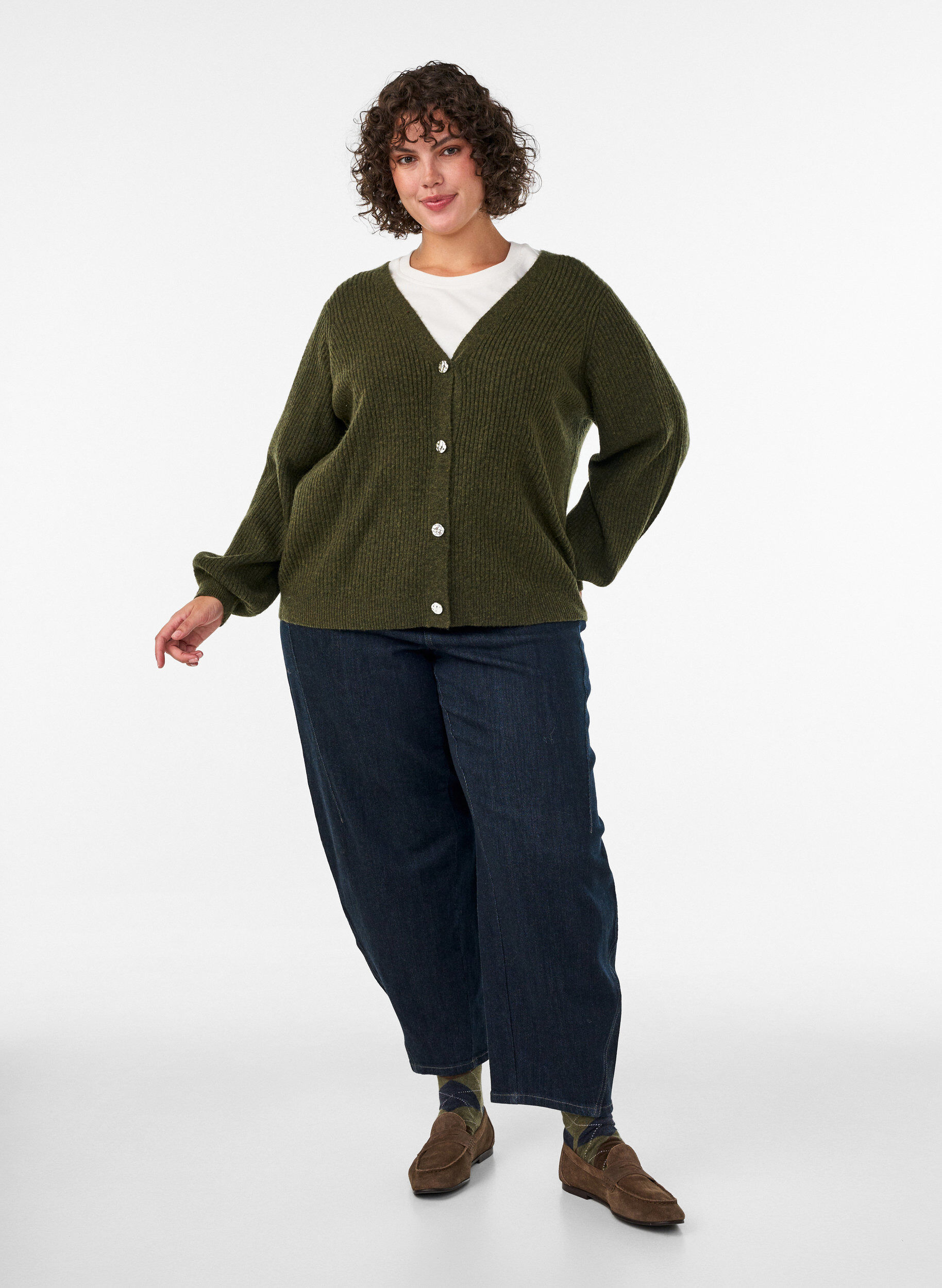 ZizziKofta med V-ringning och ribbad struktur, Gr&ouml;n, Model image number 1