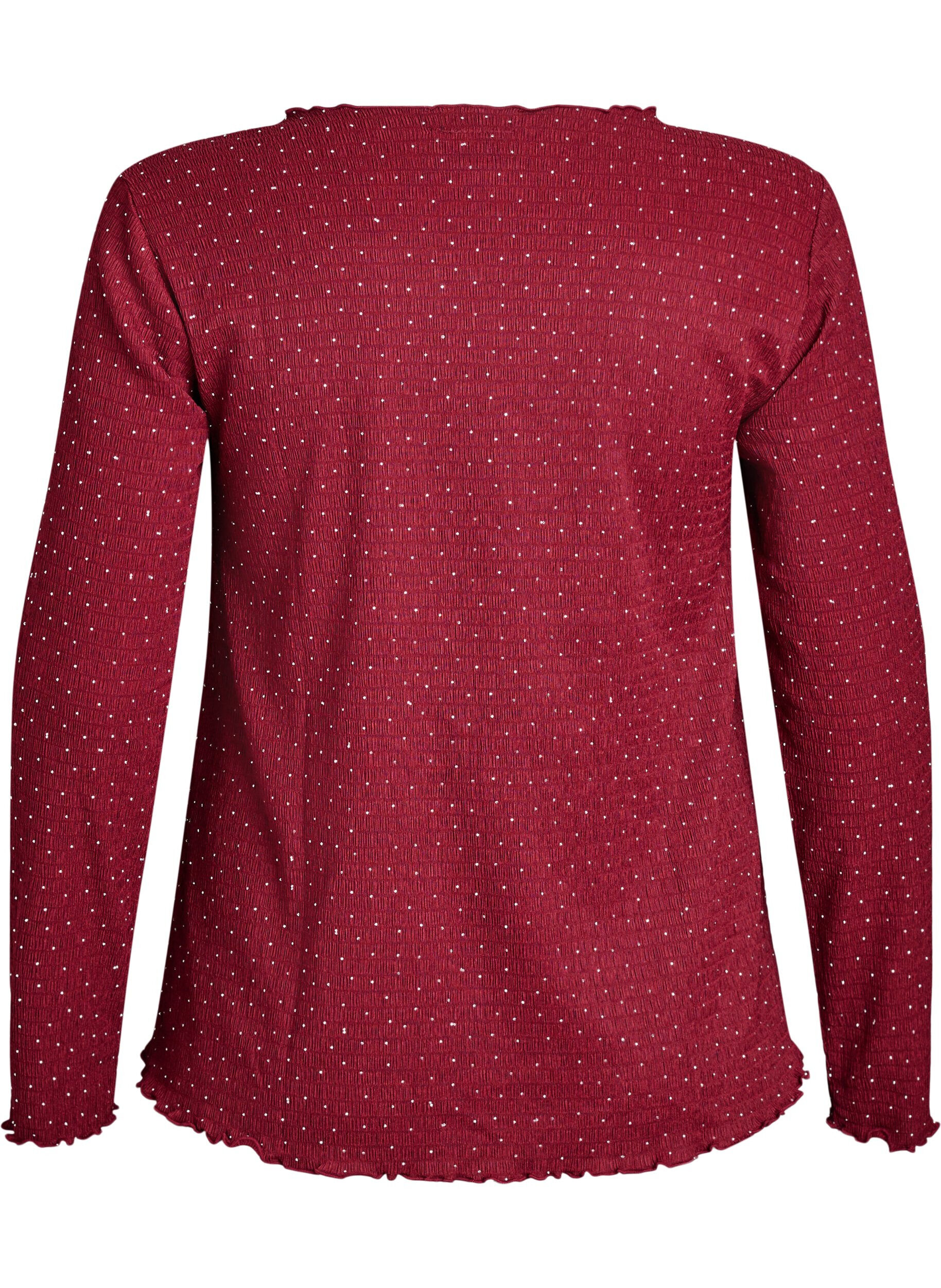 Zizzi L&aring;ng&auml;rmad blus med strass, M&ouml;rk Bordeaux, Packshot image number 1