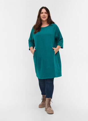 Kampanjvara – Sweatshirtklänning i bomull med fickor och 3/4-ärmar, Teal Green Melange, Model image number 2