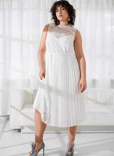 Ärmlös klänning med spets och veck, Bright White, Image image number 0