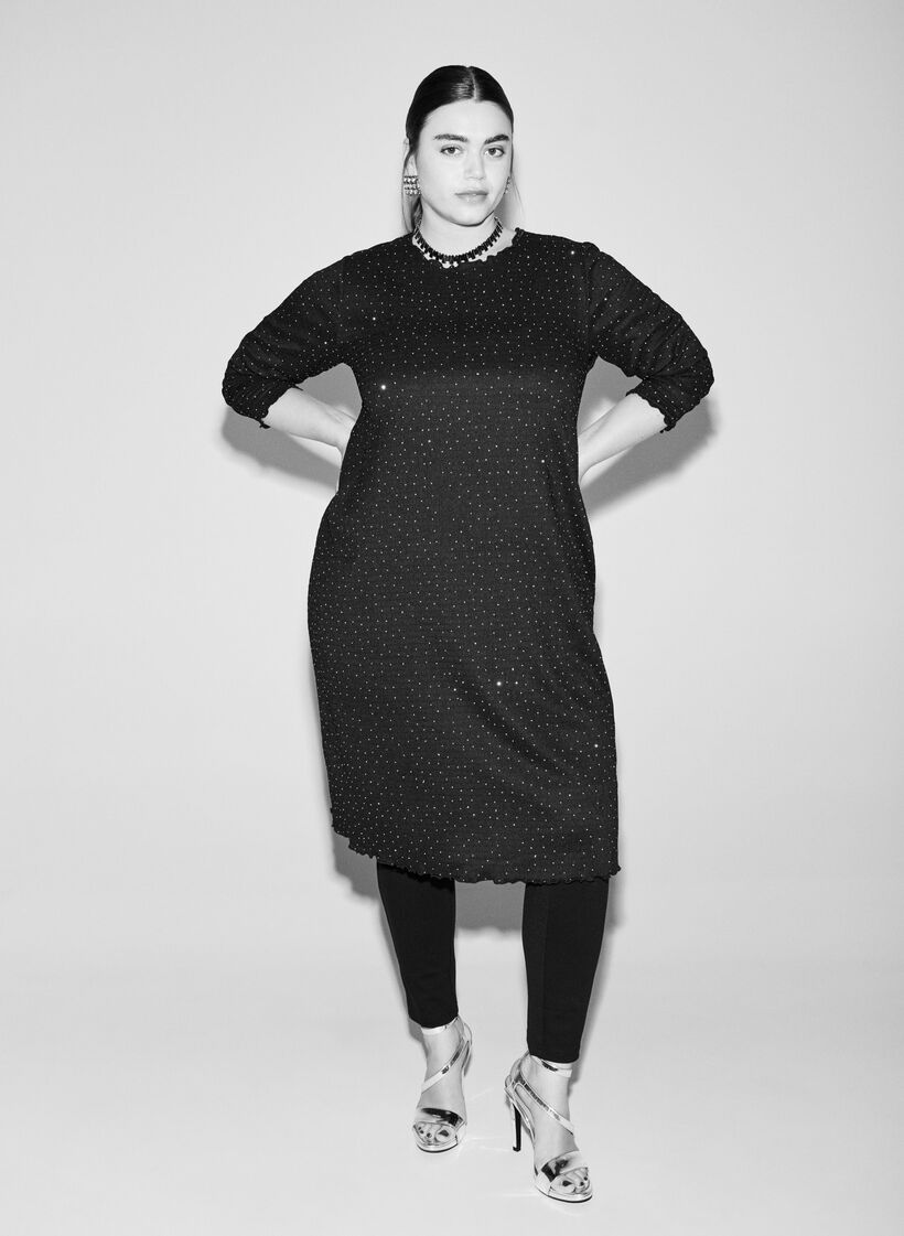 Klänning med strass och vågade kanter, Svart, Image
