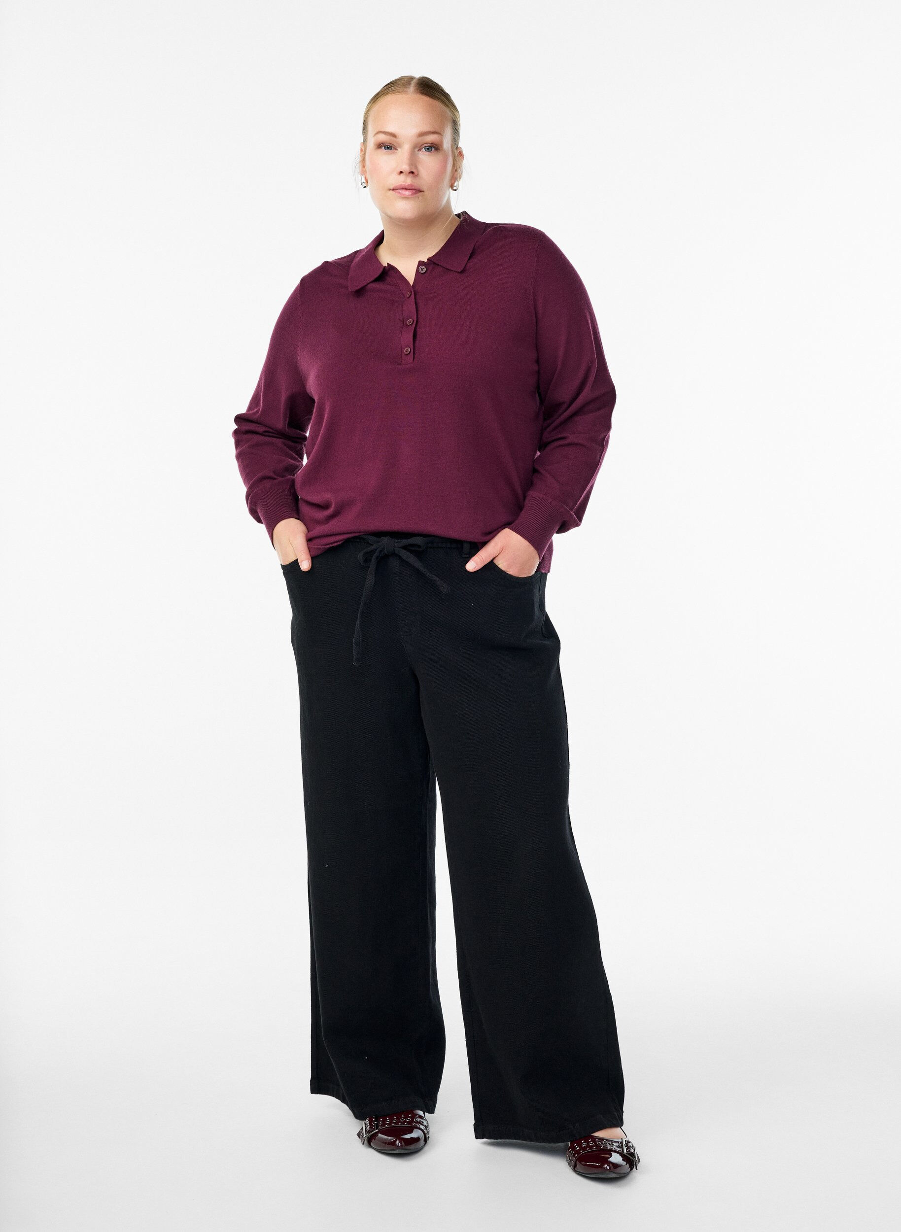 Zizzi Stickad blus med krage, M&ouml;rk Bordeaux, Model image number 1