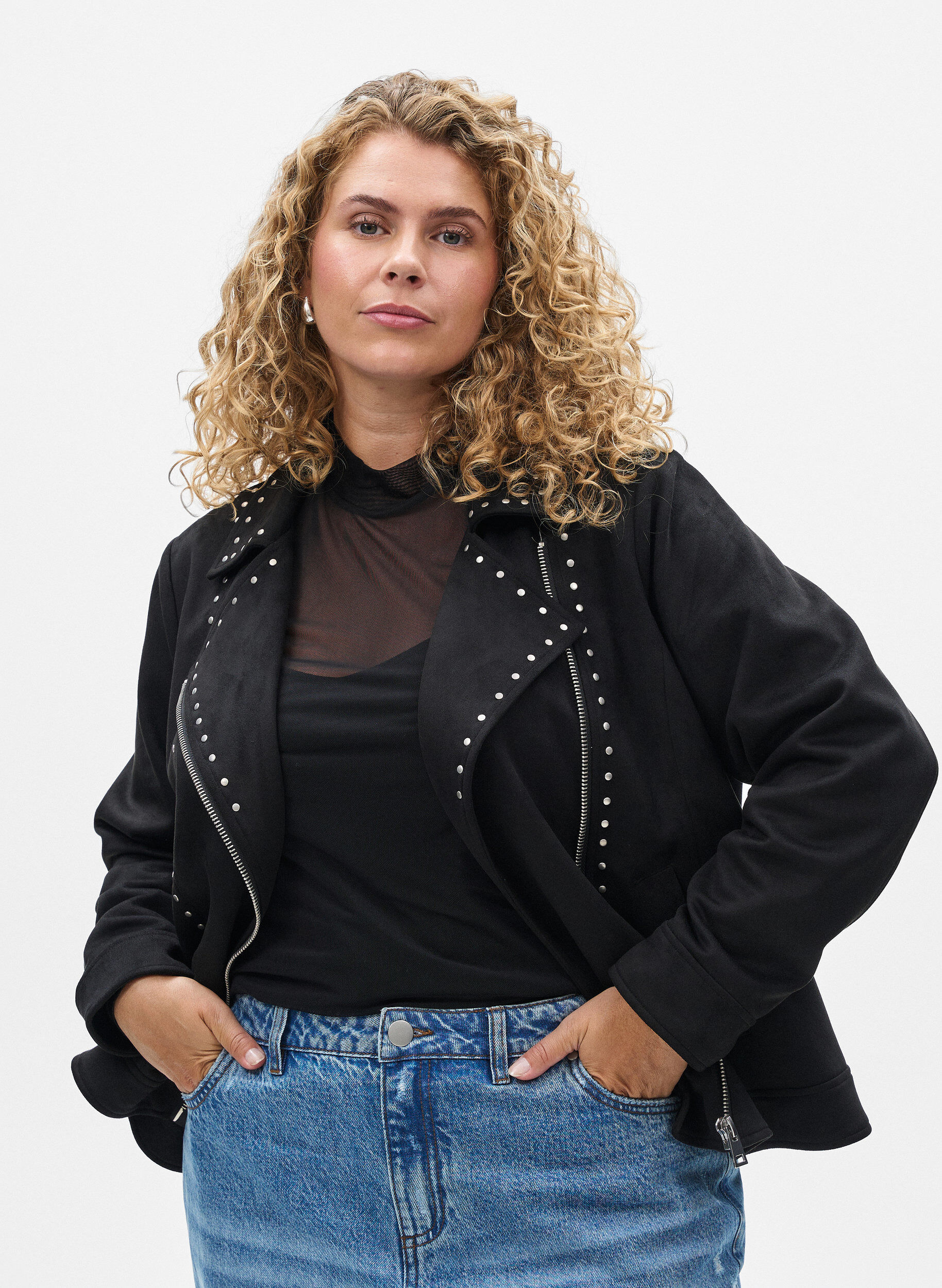 Bikerjacka i imitationsmocka med nitar, Svart, Model
