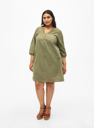 Klänning i bomullsblandning med linne och virkade detaljer, Deep Lichen Green, Model image number 2