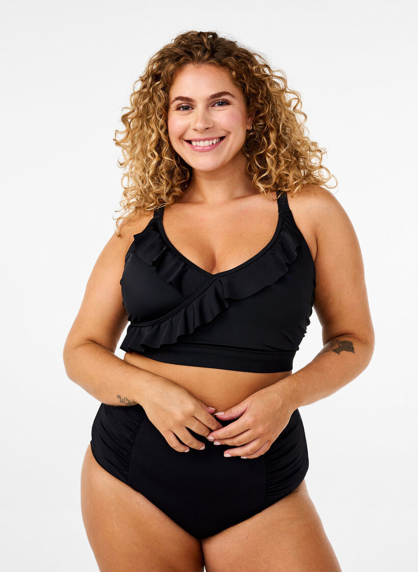 Bikinitopp med volanger och uttagbara inl&auml;gg, Svart, Model image number 1