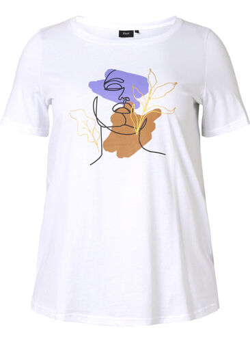 T-shirt i bomull med rund hals och tryck, Bright White FACE, Packshot image number 0