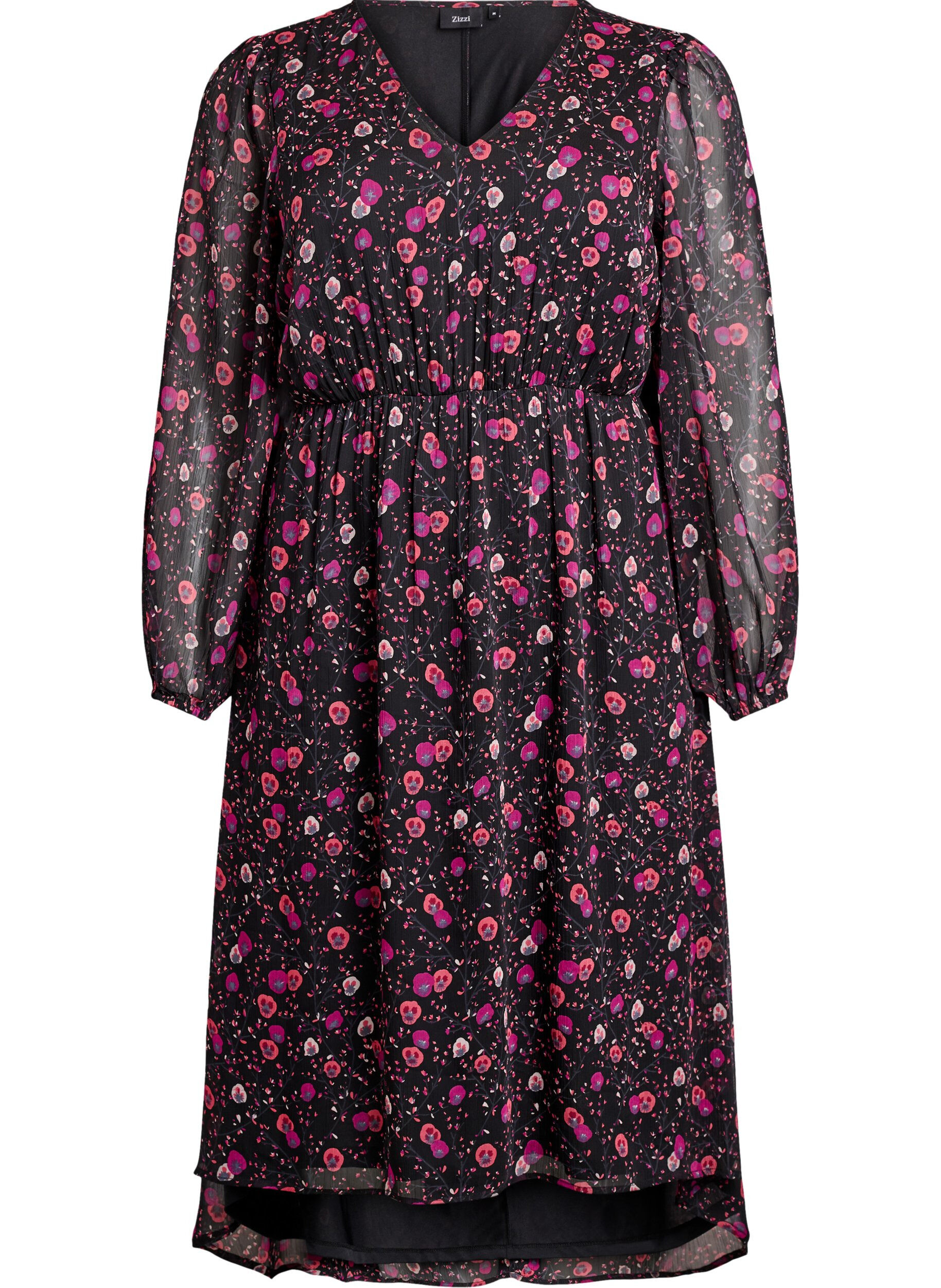 ZizziKl&auml;nning i chiffong med blommigt m&ouml;nster och l&aring;nga &auml;rmar, Svart, Packshot image number 0