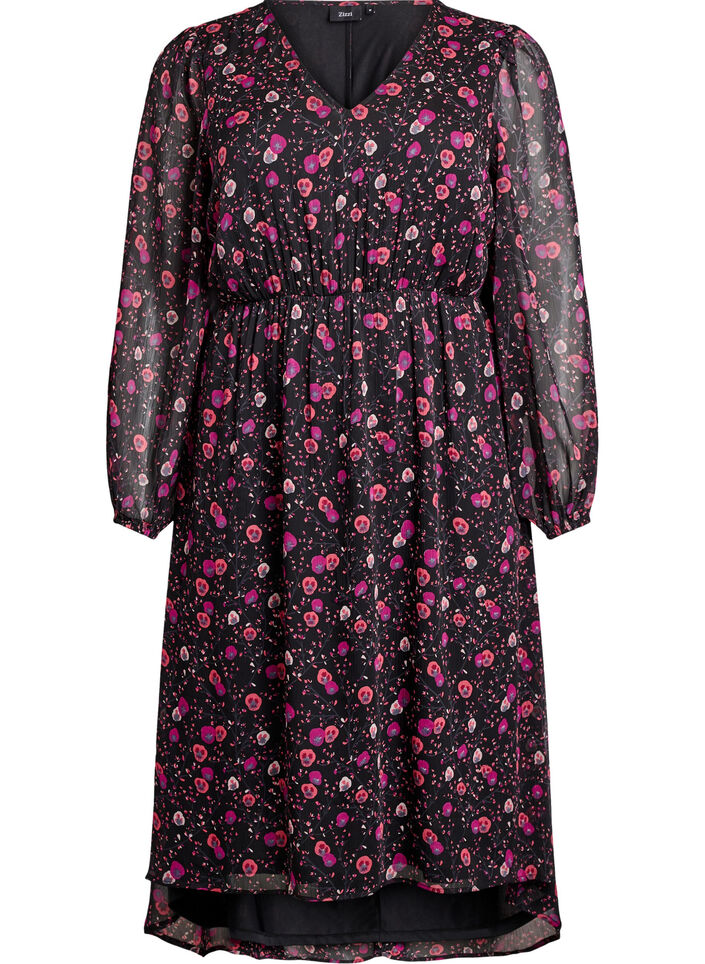 Kl&auml;nning i chiffong med blommigt m&ouml;nster och l&aring;nga &auml;rmar, Svart, Packshot image number 0
