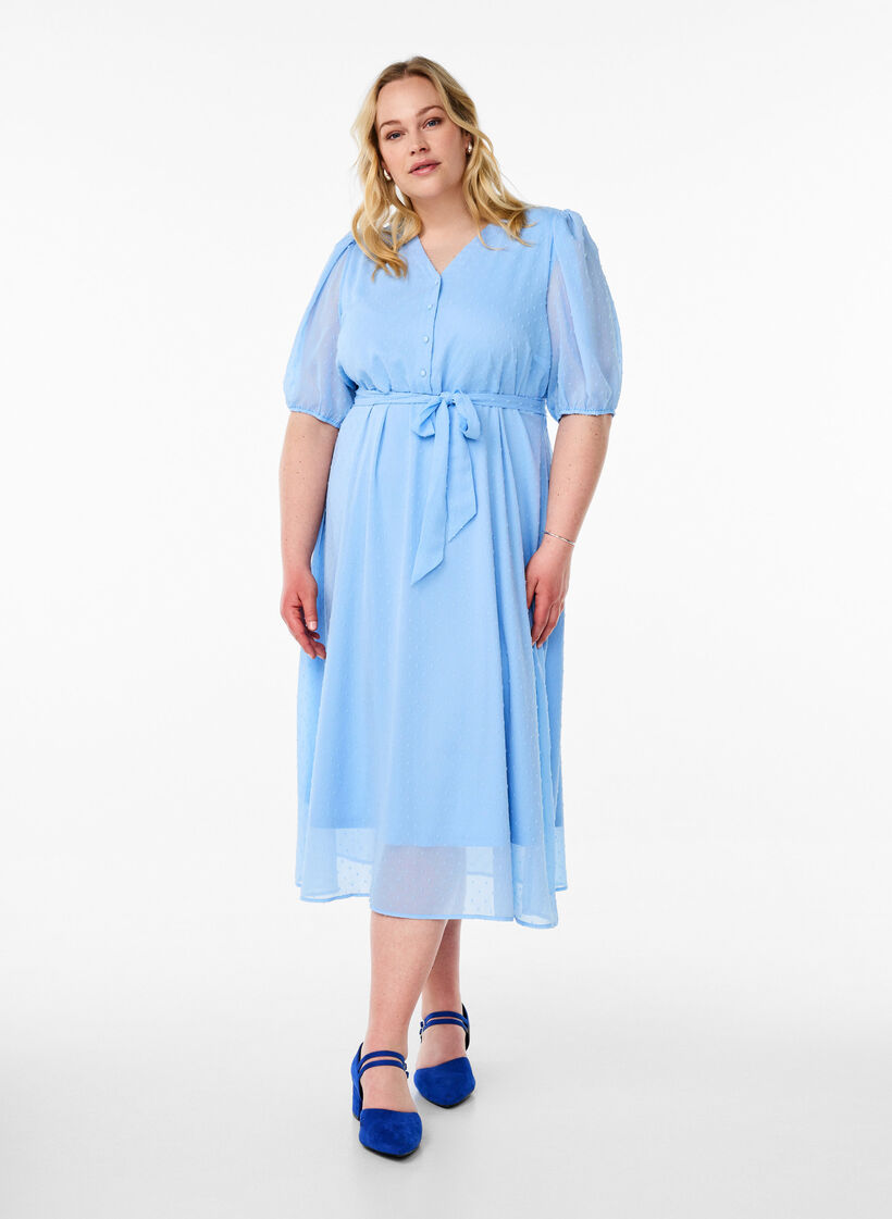 Midiklänning med V-ringning och knytband, Blå, Model image number 0