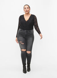 Kroppsnära jeans med slitdetaljer, Grey Denim, Model