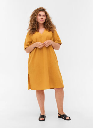 Kortärmad klänning i bomullsmix med linne, Honey Mustard, Model image number 2