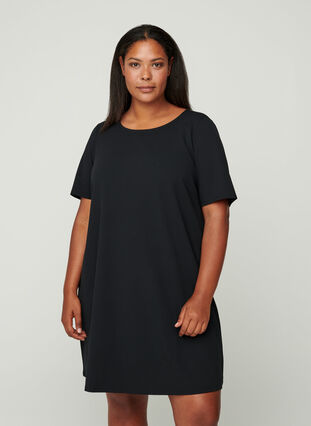 Kortärmad klänning med rund halsringning, Black, Model image number 0
