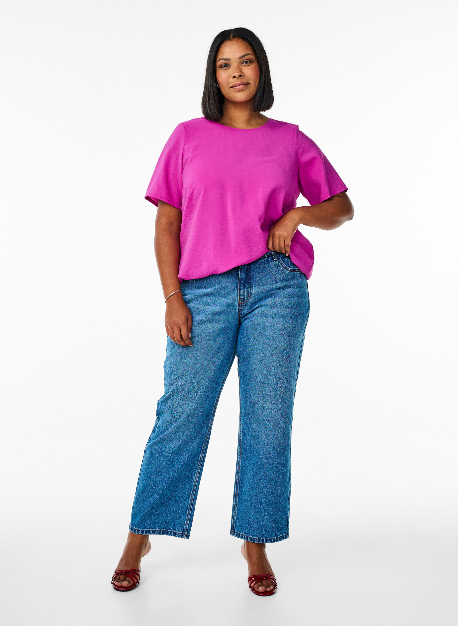 Zizzi Kort&auml;rmad blus med elastisk f&aring;ll, Rosa, Model image number 1