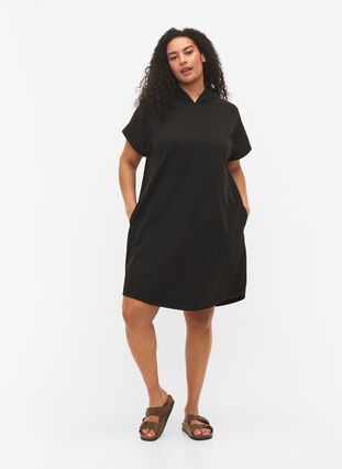 Kortärmad swetshirtklänning med huva, Black, Model image number 2
