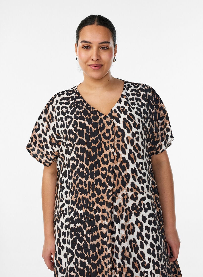 Kl&auml;nning med v-ringning i viskos, Brun, Model image number 2