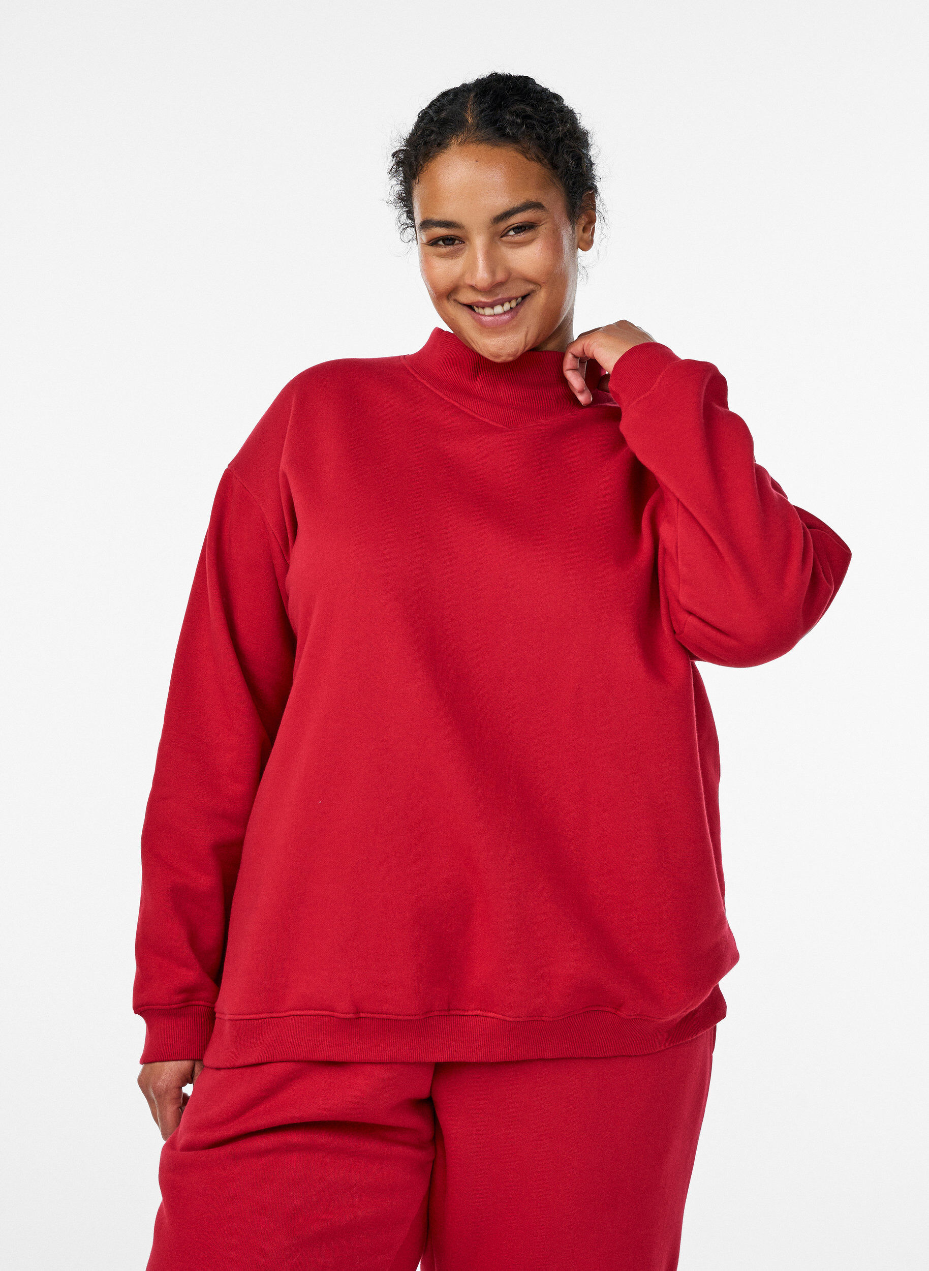 Zizzi Sweatshirt med h&ouml;g hals och l&aring;nga &auml;rmar, R&ouml;d, Model image number 0