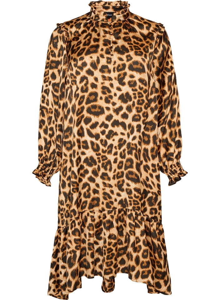 Kl&auml;nning med leopardm&ouml;nster och volangdetaljer, Brun, Packshot
