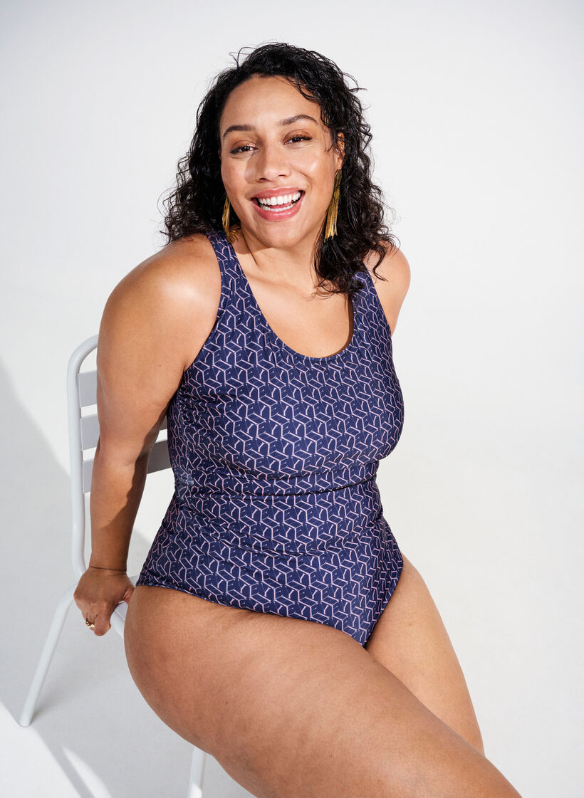 Baddräkt med tryck och korslagda band i ryggen, Text Print, Image image number 0