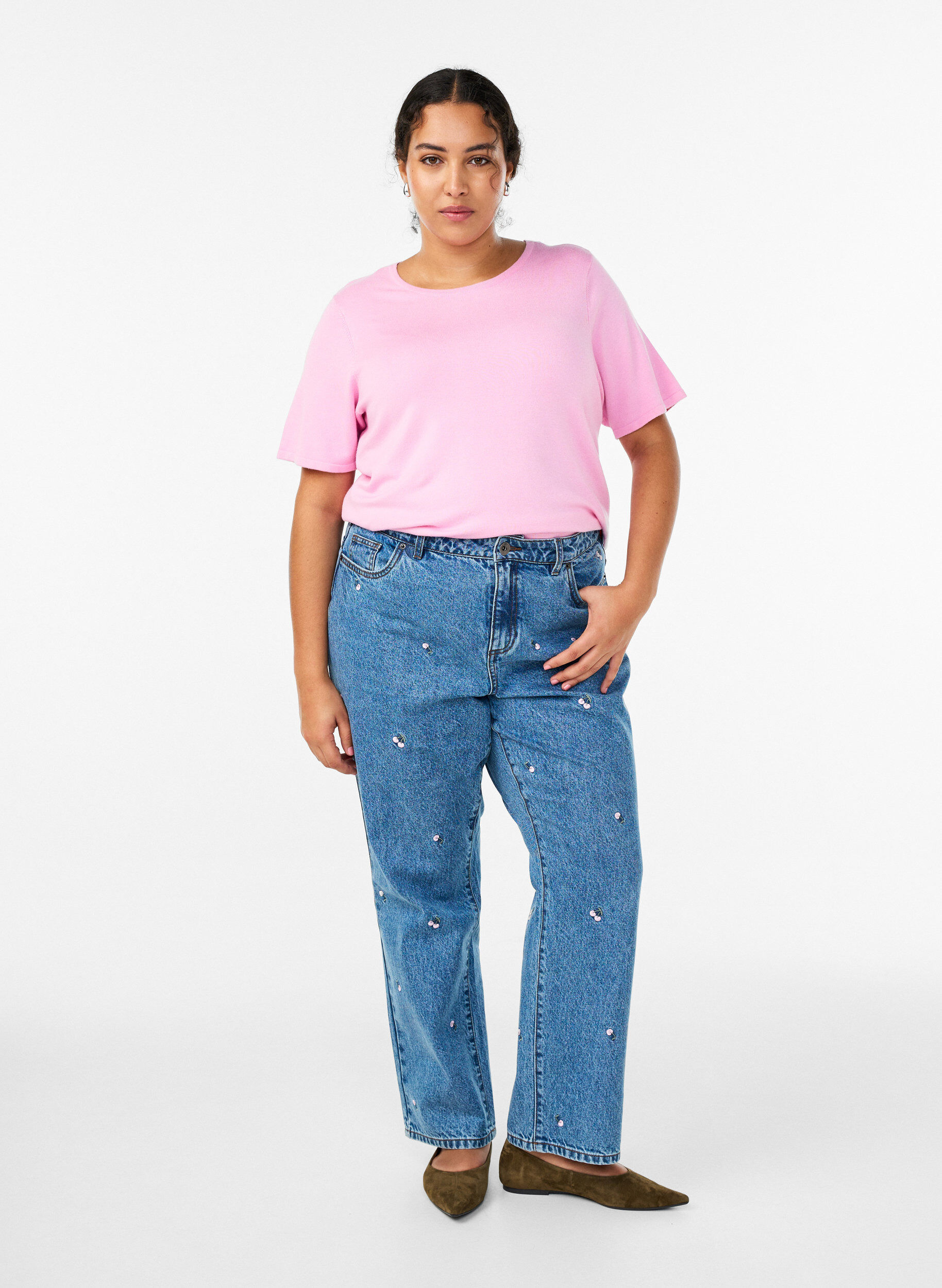 Zizzi Kort&auml;rmad stickad blus i viskos, Rosa, Model image number 1
