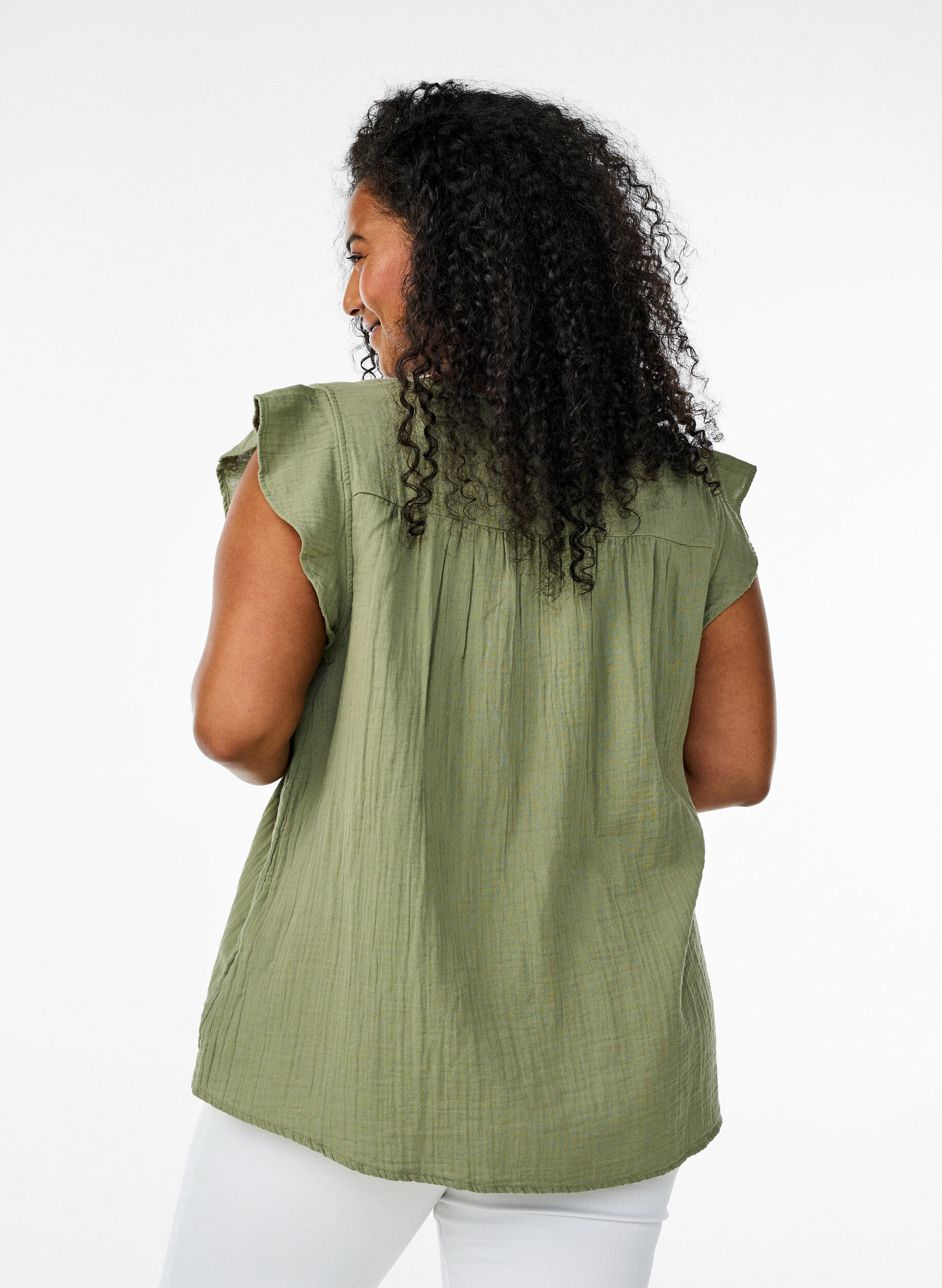 Zizzi&Auml;rml&ouml;s topp i bomullsmuslin med volanger, Gr&ouml;n, Model image number 2