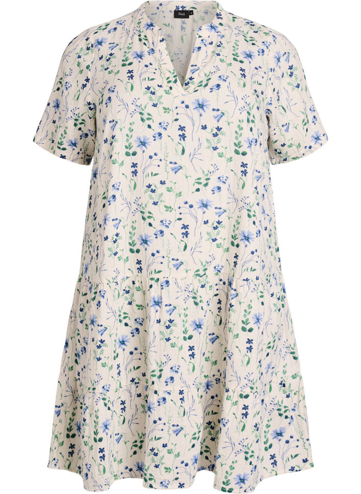 Kort a-linjeformad kl&auml;nning i bomullsmuslin, Beige, Packshot image number 0