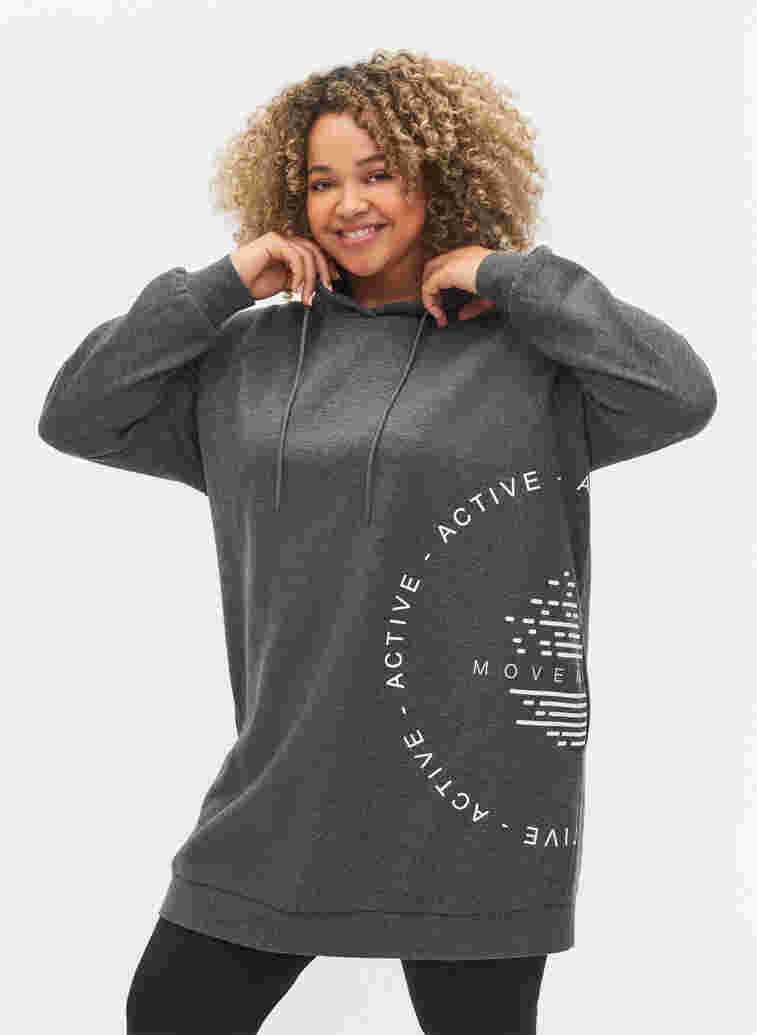 Lång sweatshirt med huva och tryck, Dark Grey Melange, Model image number 0
