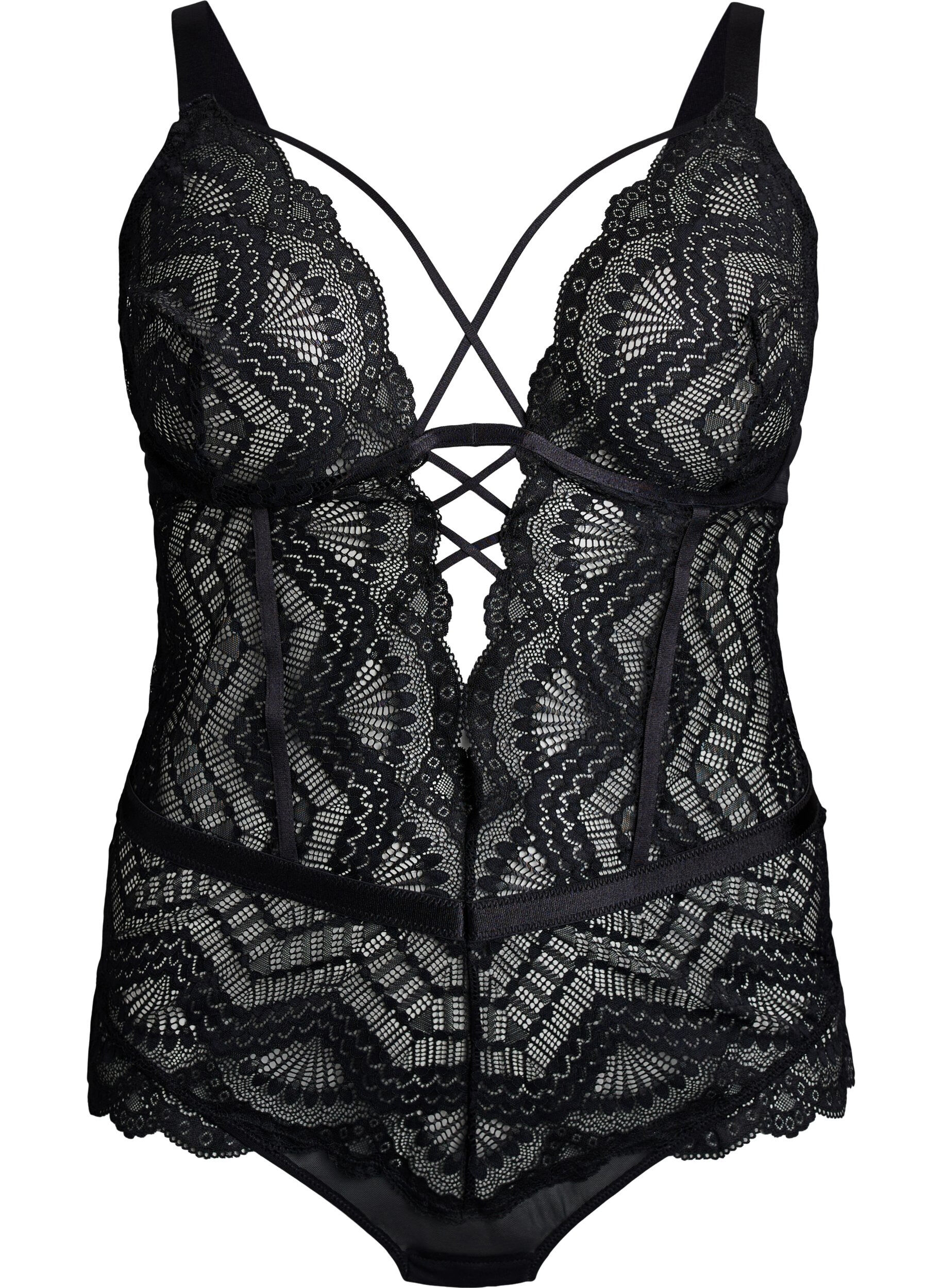 ZizziSpetsbody med sn&ouml;rningsdetaljer, Svart, Packshot image number 0