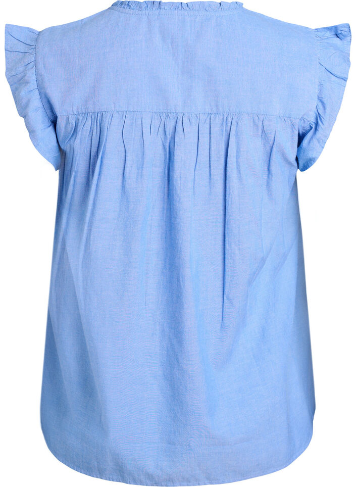 &Auml;rml&ouml;s blus i bomull med volangkanter, Bl&aring;, Packshot image number 1