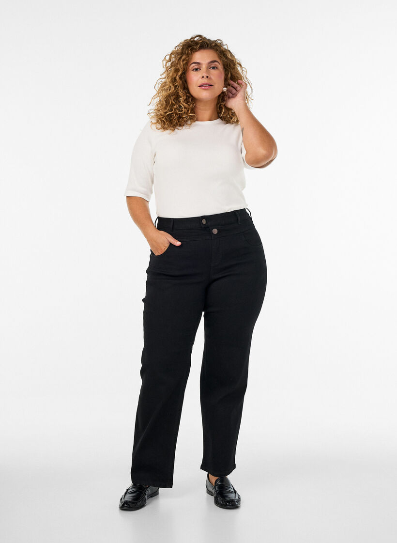 Gemma-jeans med normal passform och h&ouml;g midja, Svart, Model image number 0