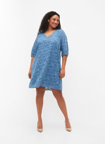 Kortärmad klänning med struktur, Coronet Blue, Model image number 2