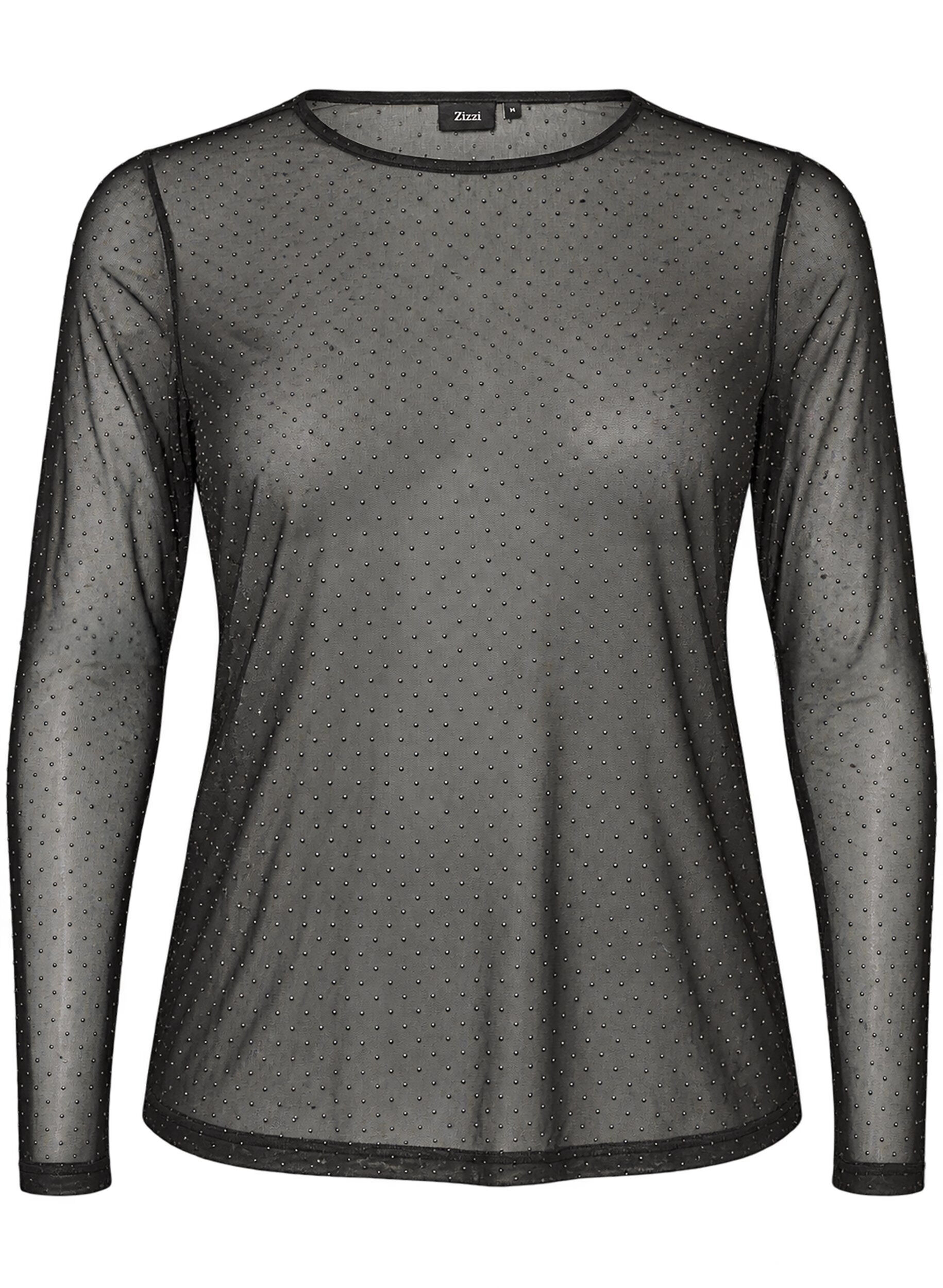 ZizziBlus i skir mesh med strass, Svart, Packshot image number 0