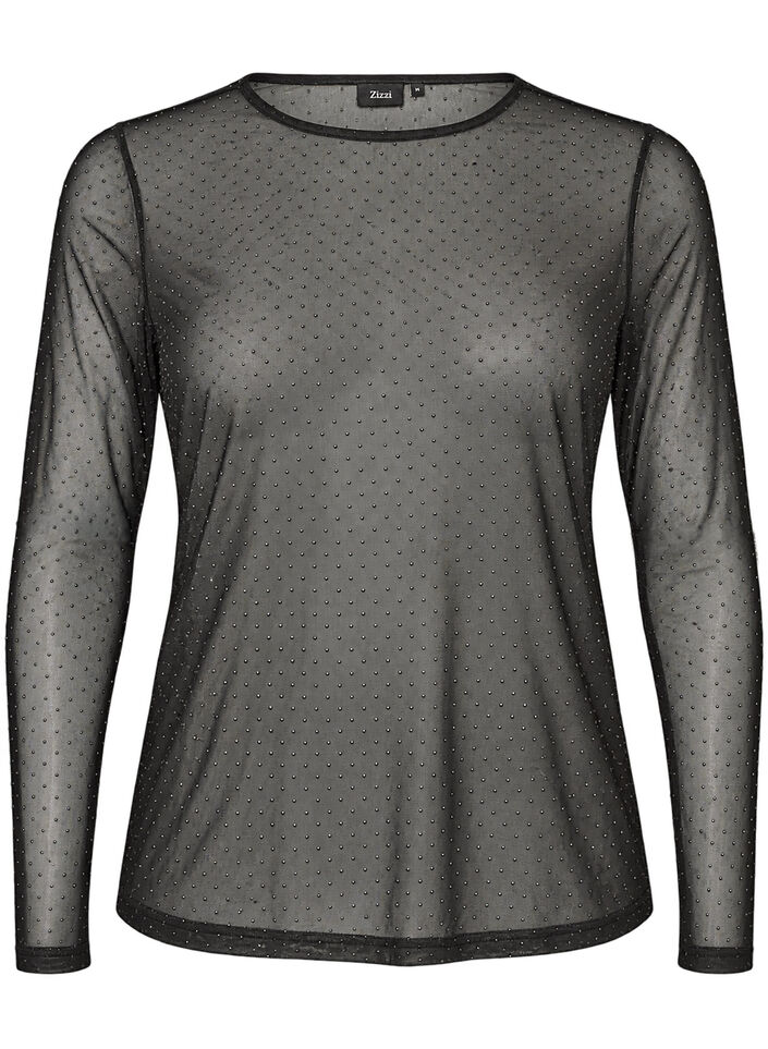 Blus i skir mesh med strass, Svart, Packshot image number 0