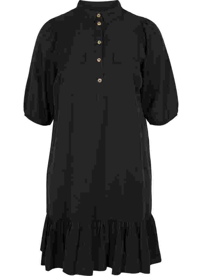 Klänning med volang och 3/4 ärmar, Black, Packshot image number 0
