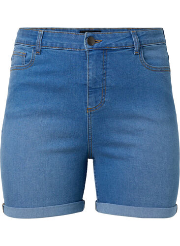 Jeansshorts med hög midja och slim fit, Medium Blue Denim, Packshot image number 0