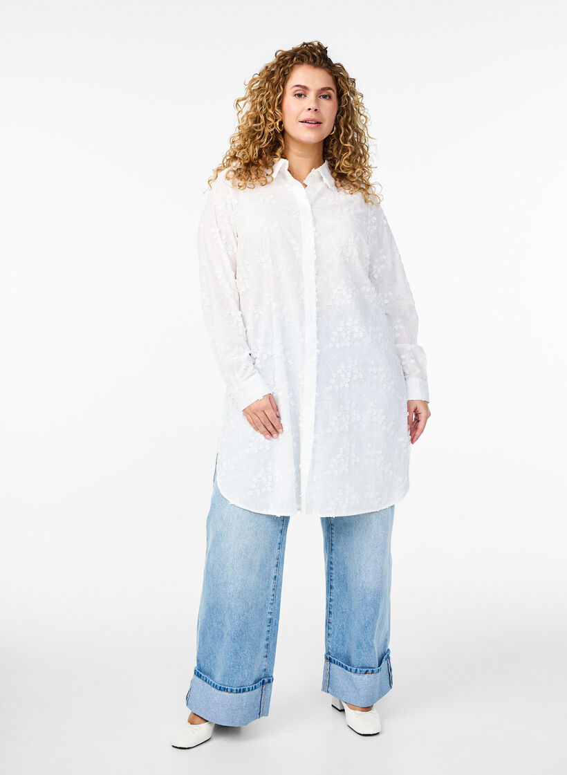 Skjortklänning med broderade blommor, Vit, Model image number 1
