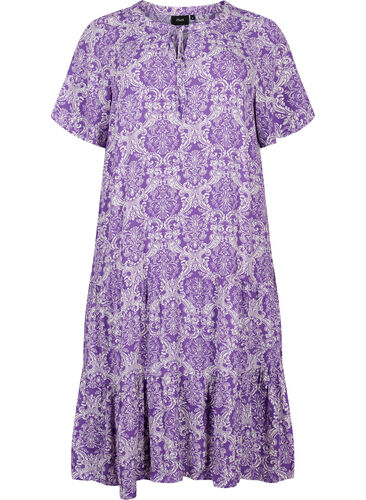 Kortärmad viskosklänning med mönster, D. Lavender Oriental, Packshot image number 0