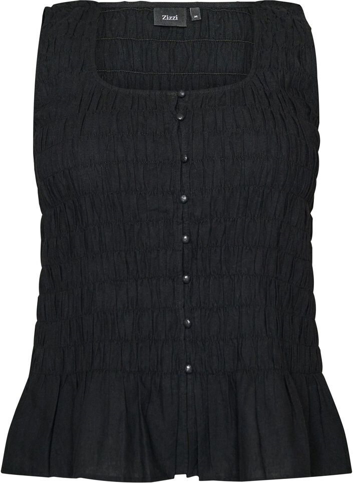 &Auml;rml&ouml;s topp i bomull och linne med smock, Svart, Packshot image number 0
