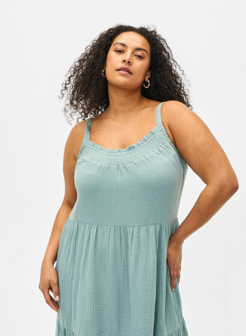 Enkel axelbandsklänning i bomull, Chinois Green, Model image number 2