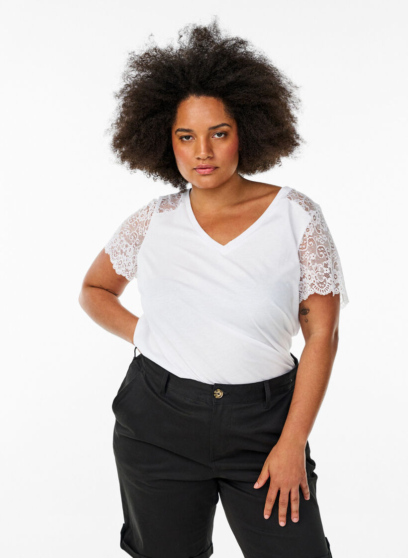 T-shirt i bomull med korta spetsärmar, Vit, Model image number 0