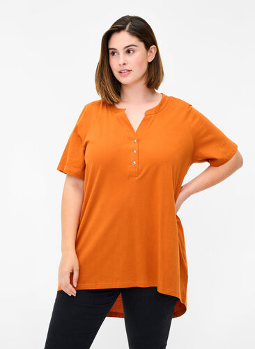T-shirt i bomull med v-ringad hals och knappar, Autumnal, Model image number 0