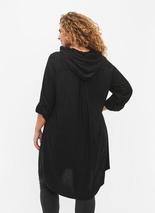 Skjortklänning i viskos med luva och trekvartsärmar, Black, Model image number 1