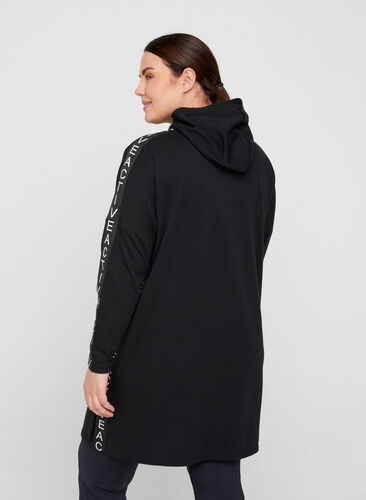 Klänning i sweatshirtmaterial med huva och stor ficka, Black, Model image number 1